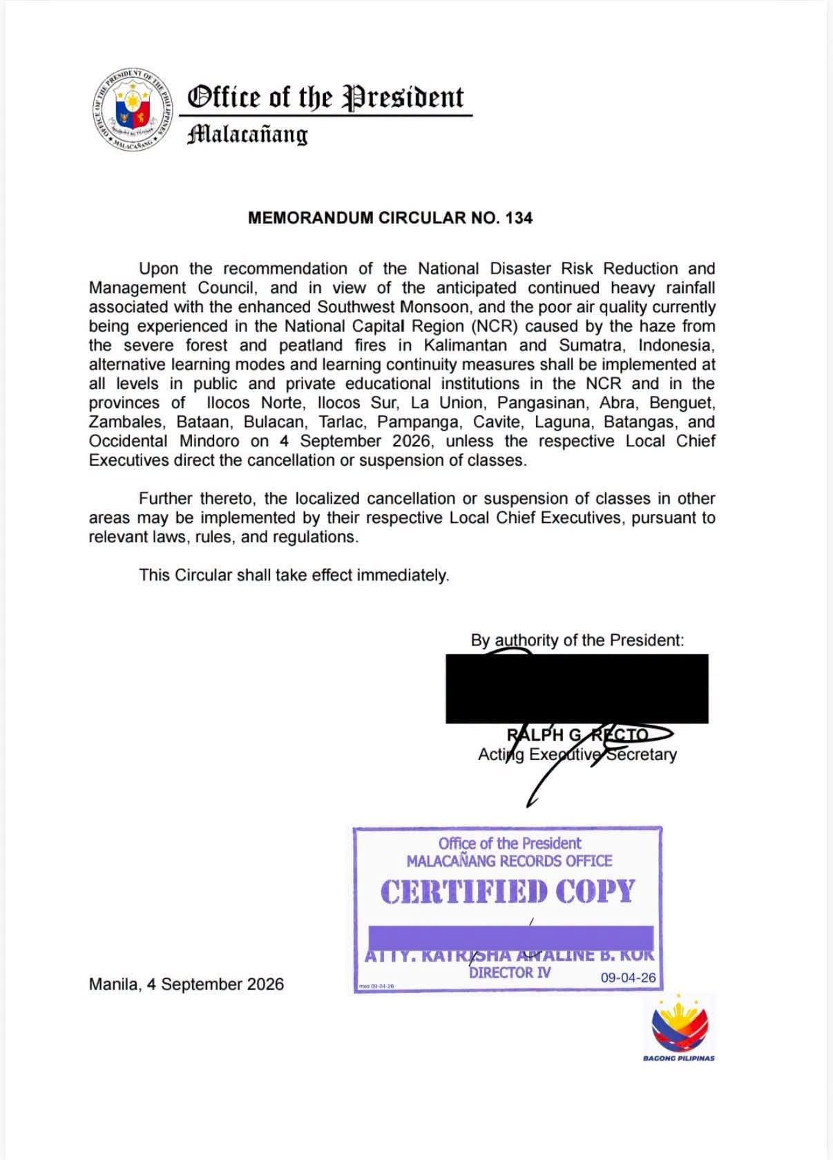 Suspensiyon ng klase sa 15 lugar ipatutupad ang alternative learning mode, Setyembre 4
