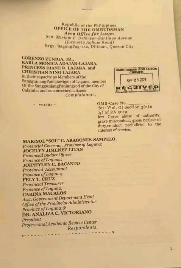 Graft complaint inihain sa Ombudsman laban kay Laguna Gov. Sol Aragones