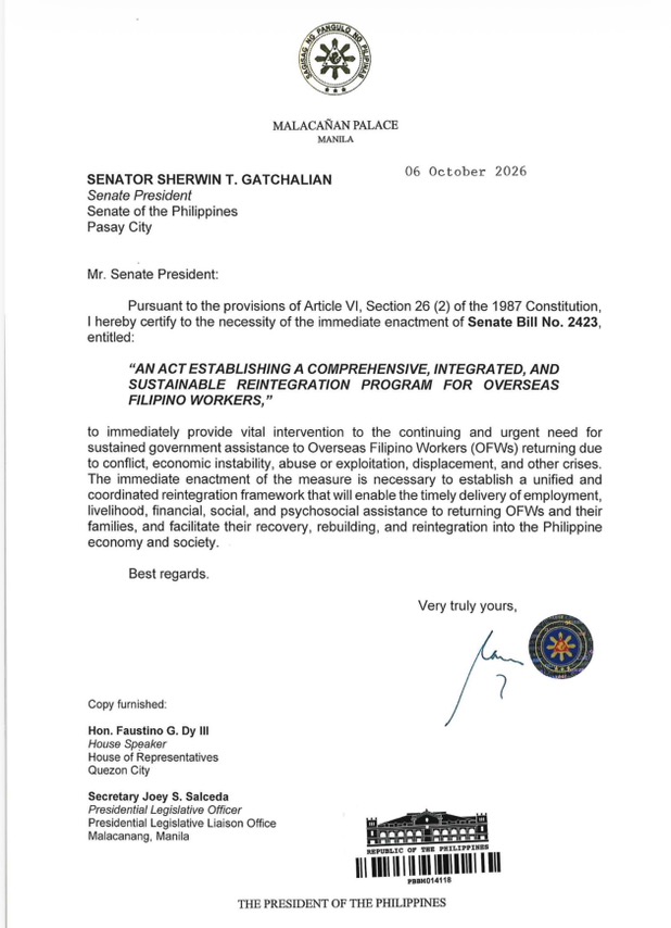 Salceda hails Marcos certification of OFW reintegration bill